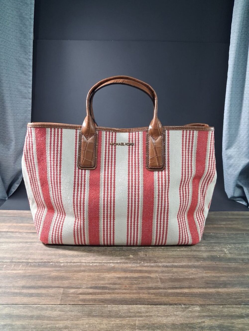 Michael Kors Greenwich Tote Bag Red Off White Striped Canvas Tan Leather Trim